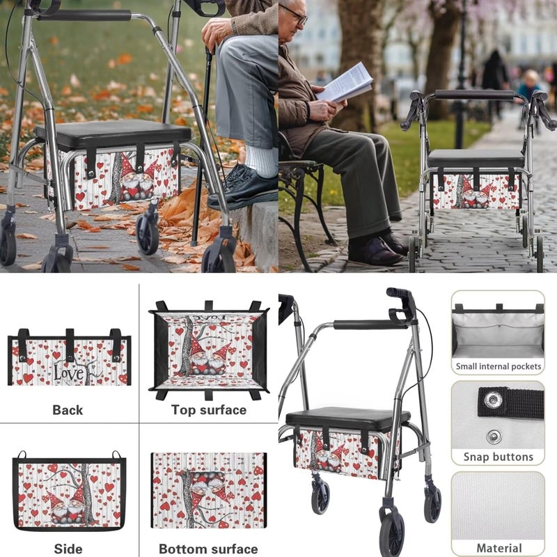 LedBack Love Hearts Gnome Universal Rollator Walker Seat and Backrest Covers Rollator Cover Walker Accessories Sets for Seniors Durable Underseat Pouch Tote for Valentines Day - Image 5